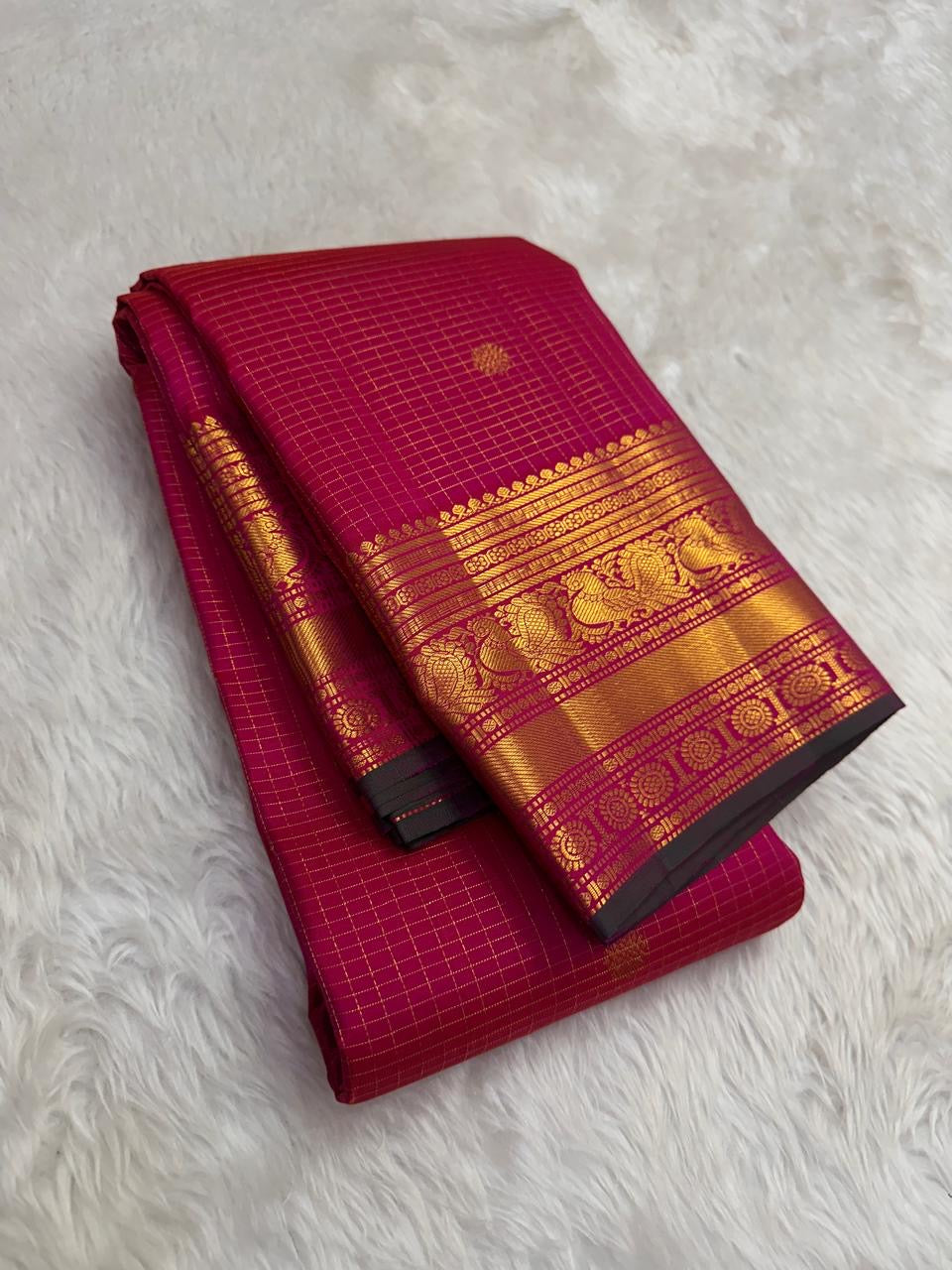 Jewel Pink and Antique Gold Handwoven Pure Silk Kanchipuram Saree with Zari Kattam and Mayil Chakram Border