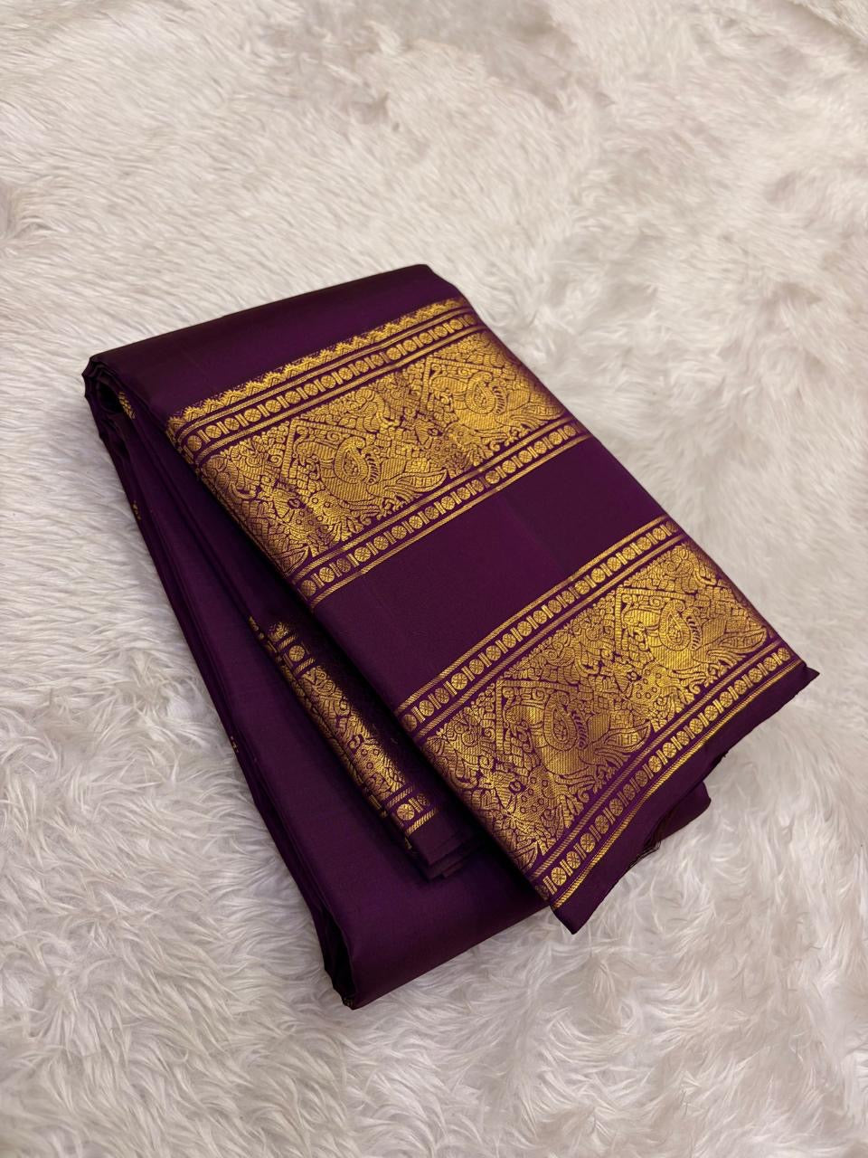 Jewel Purple and Antique Gold Handwoven Pure Silk Kanchipuram Saree with Rettapet Border and Mayil Chakram Butta