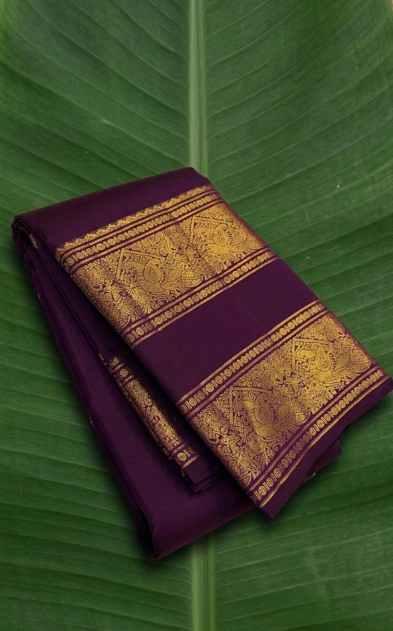 Jewel Purple and Antique Gold Handwoven Pure Silk Kanchipuram Saree with Rettapet Border and Mayil Chakram Butta