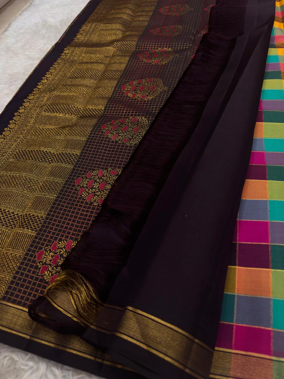 Multicolour Pure Silk Kanjivaram saree showcasing handwoven zari kattam design