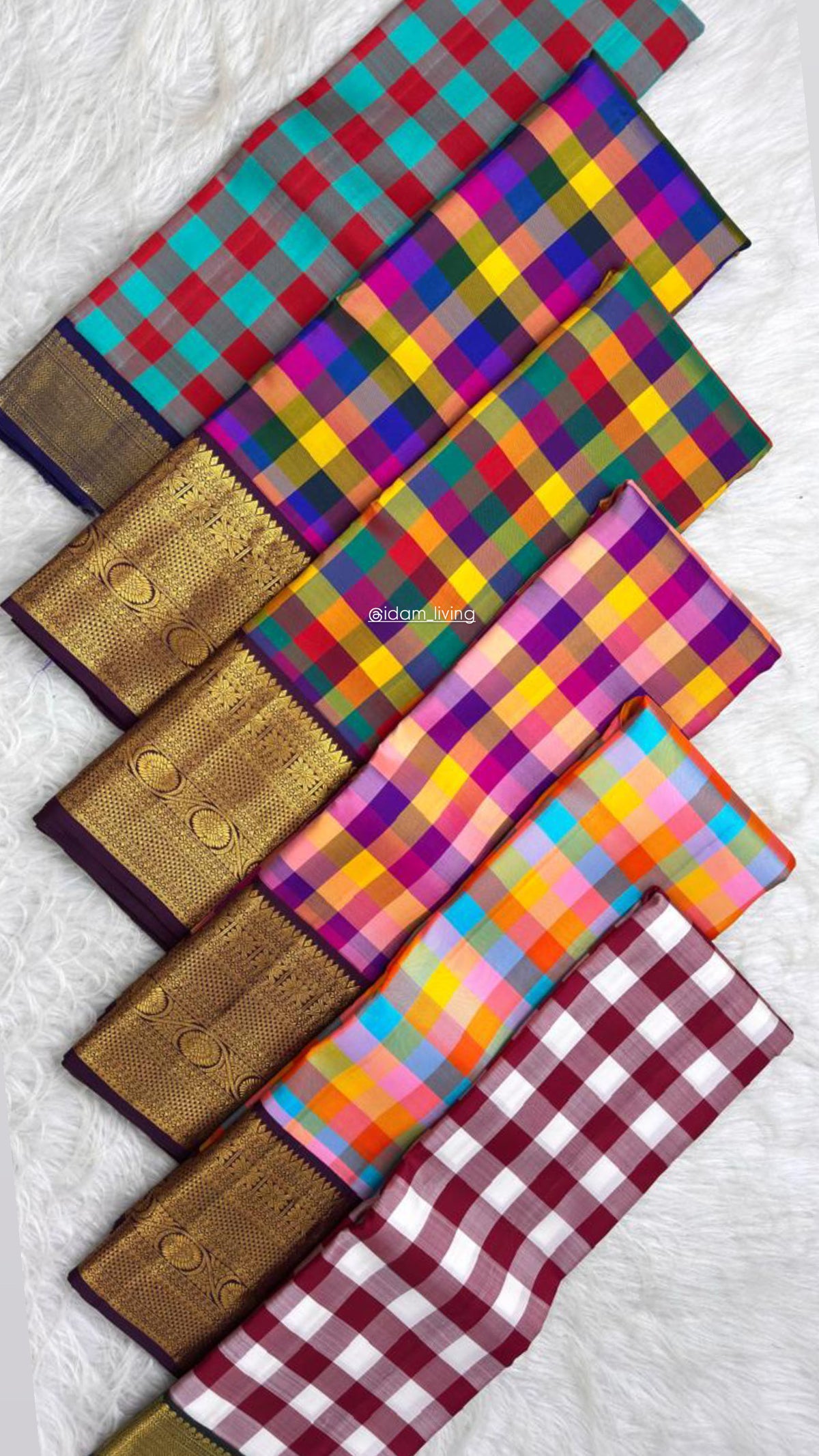 Folded multicolour orange blue silk with ornate purple gold border | Kanjipuram pure silk saree.
