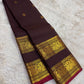 Full view of the Kaapi Kottai Brown Handwoven Pure Silk Kanchipuram Rettapet Saree with Annapakshi Gold Zari Border