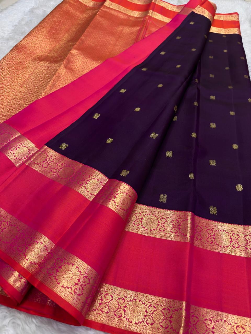 Kadambam Purple and Rose Pink Handwoven Pure Silk Kanjipuram Saree with Kamalam Zari Border