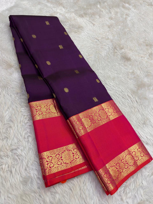 Kadambam Purple and Rose Pink Handwoven Pure Silk Kanjipuram Saree with Kamalam Zari Border
