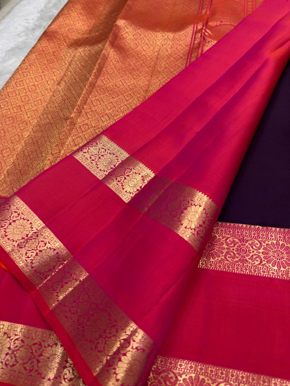Kadambam Purple and Rose Pink Handwoven Pure Silk Kanjipuram Saree with Kamalam Zari Border