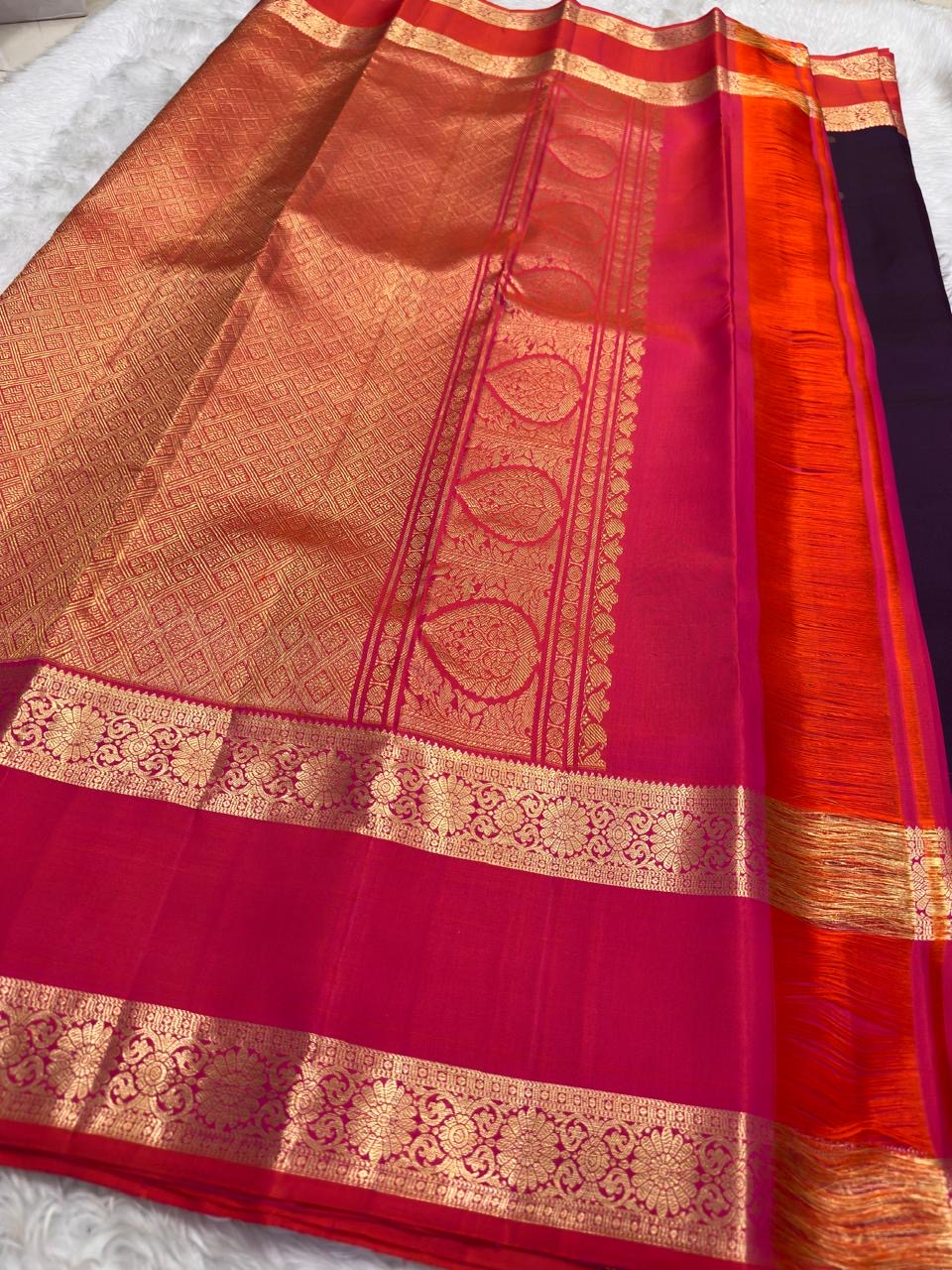 Kadambam Purple and Rose Pink Handwoven Pure Silk Kanjipuram Saree with Kamalam Zari Border