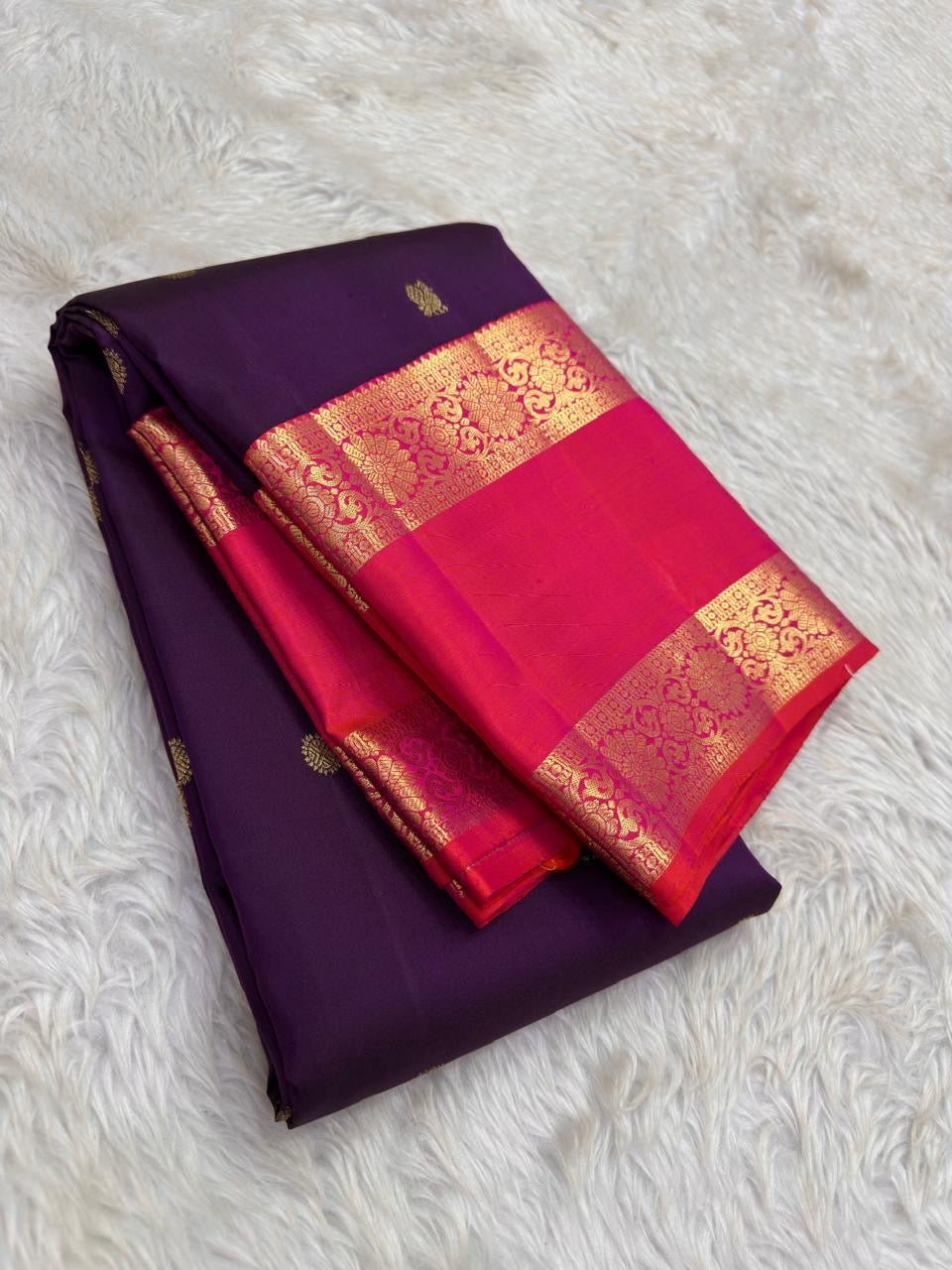 Kadambam Purple and Rose Pink Handwoven Pure Silk Kanjipuram Saree with Kamalam Zari Border