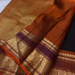 Burgundy Deep Coffee Brown and Orange Handwoven Pure Silk Kanjivaram Saree with Kamalam Butta and Silk Thread Zari Border