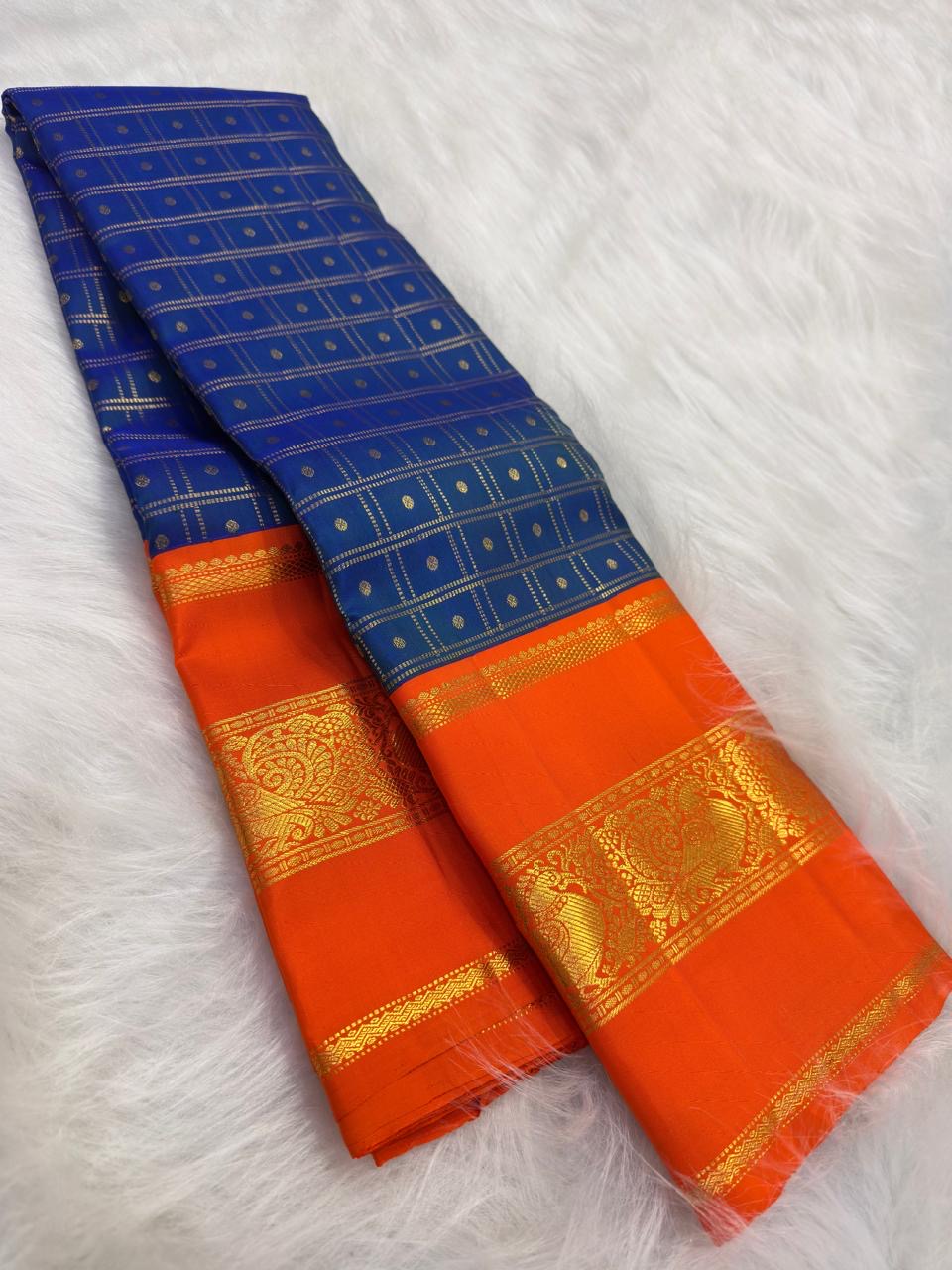 Kanakambaram orange mayil zari border kanchipuram – Idam Living Pure Silk Kanchipuram saree