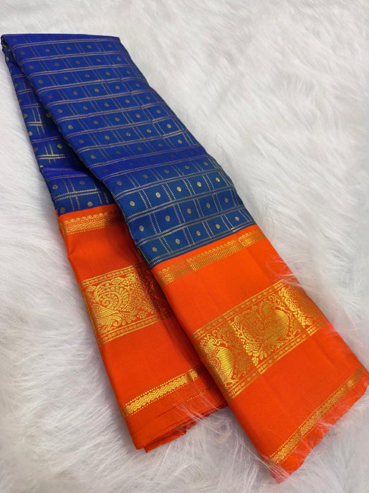 Kanakambaram orange mayil zari border kanchipuram – Idam Living Pure Silk Kanchipuram saree