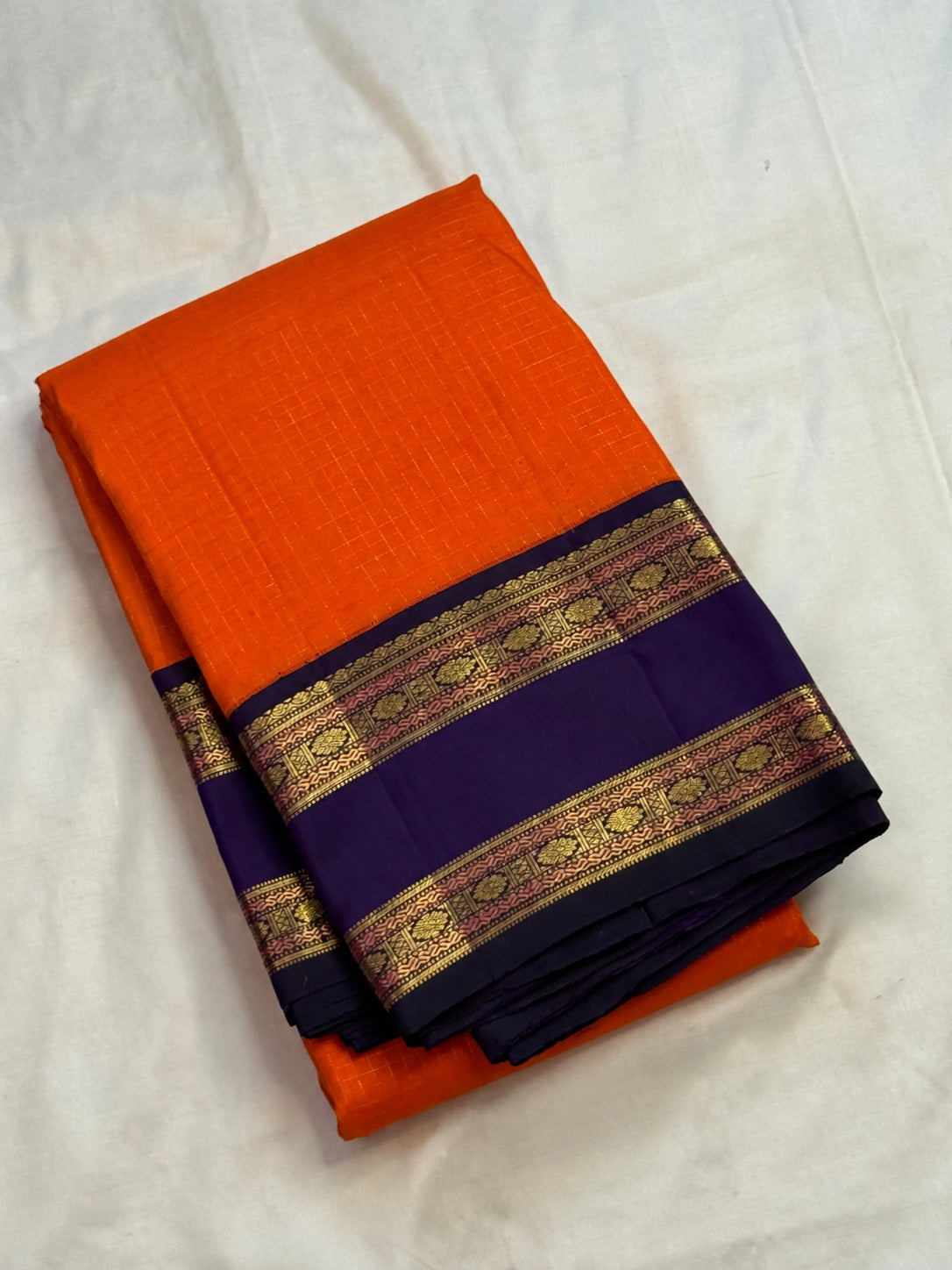 Kanakambaram Orange and Royal Purple handwoven pure silk Kanjeevaram Rettapet saree, full view