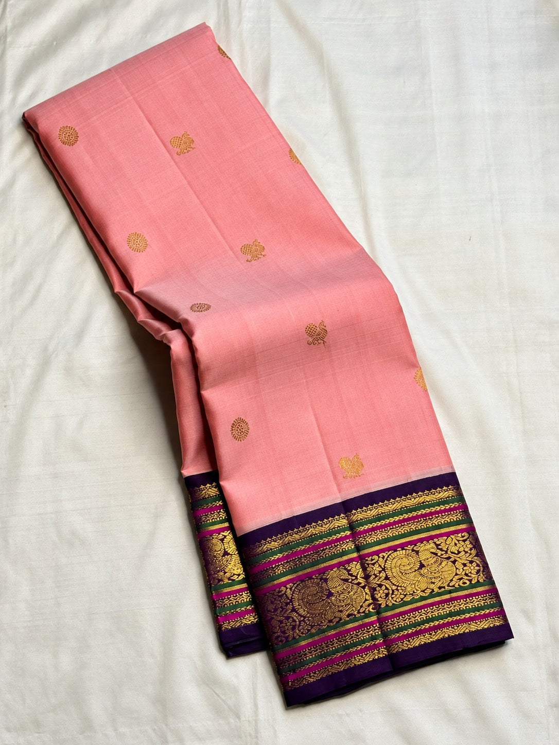 Kanakambaram peach and violet Varisaipet pure silk Kanjivaram saree – view 1