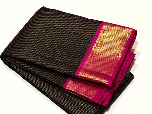 Kanchana Black Handwoven Pure Jari Korvai Kanjivaram Saree with Vairaoosi Kattam Body and Pink Borders full saree view showing body, border and pallu.
