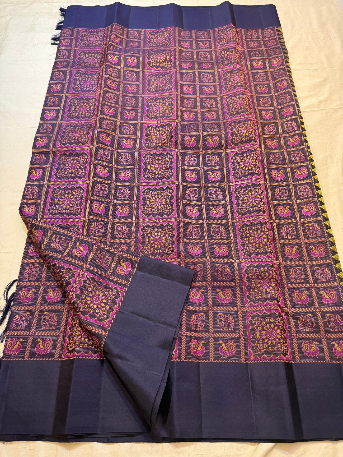 Kanchana Brown Handwoven Pure Silk Kancheepuram Saree with Bomkai-Inspired Buttas and Navy Violet Contrast