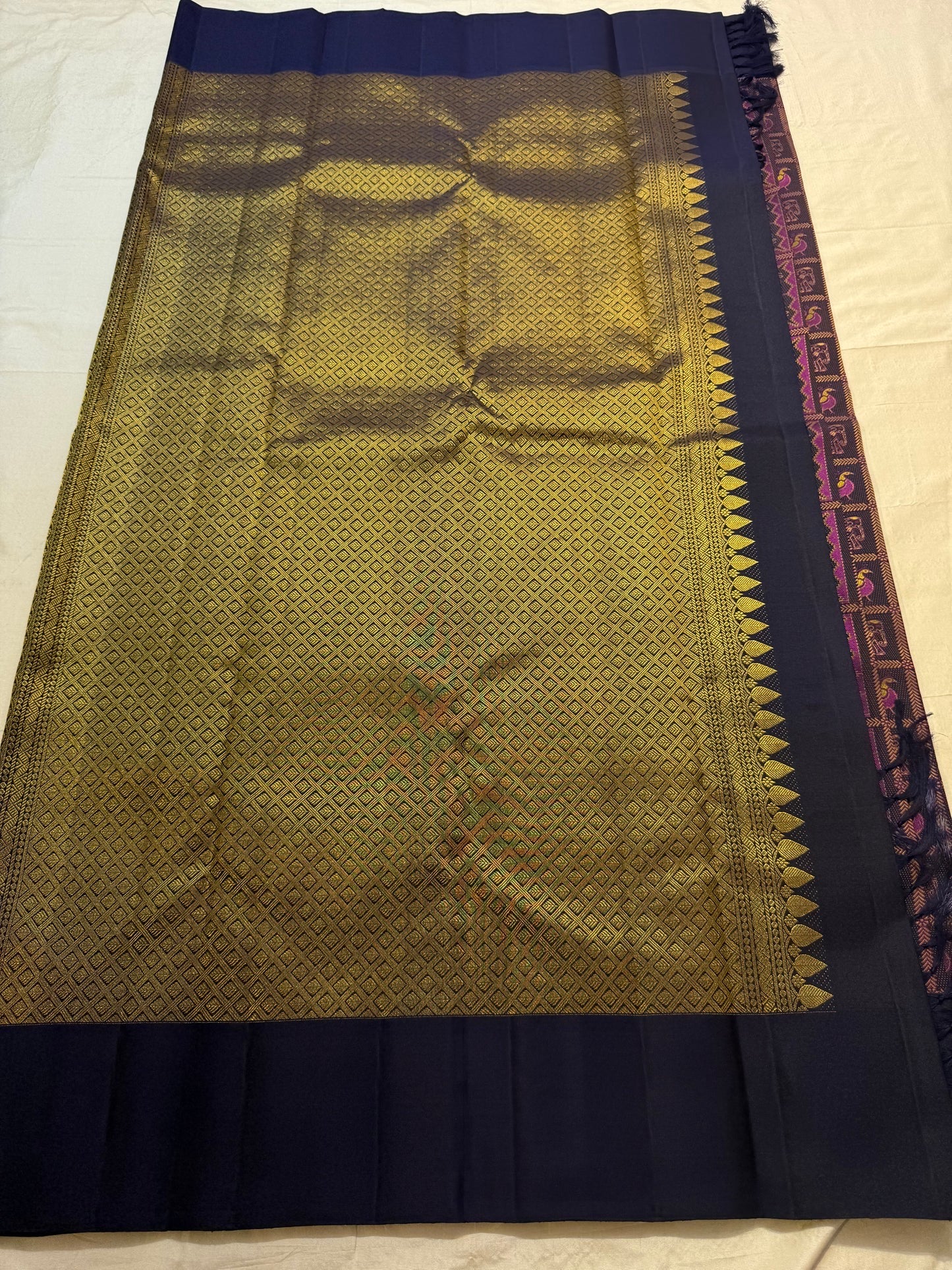 Kanchana Brown Handwoven Pure Silk Kancheepuram Saree with Bomkai-Inspired Buttas and Navy Violet Contrast