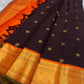 Kanchana Brown pure silk Kanchi Pattu Butta saree with vivid orange and gold zari peacock border.