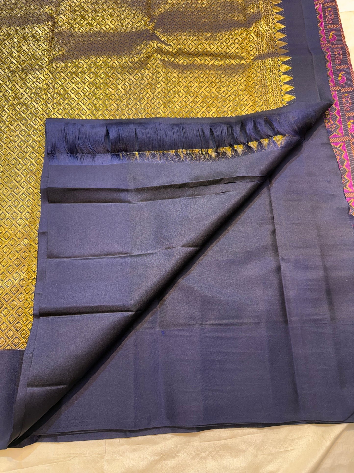 Kanchana Brown Handwoven Pure Silk Kancheepuram Saree with Bomkai-Inspired Buttas and Navy Violet Contrast
