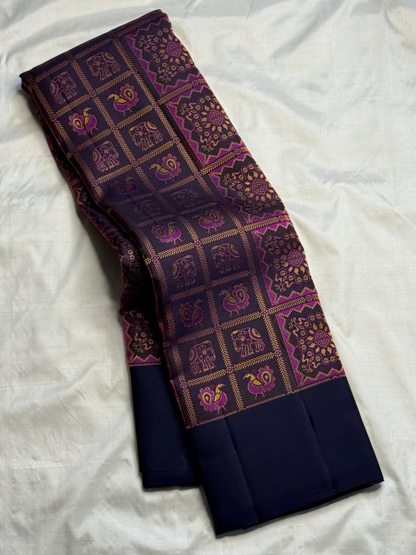 Kanchana Brown Handwoven Pure Silk Kancheepuram Saree with Bomkai-Inspired Buttas and Navy Violet Contrast