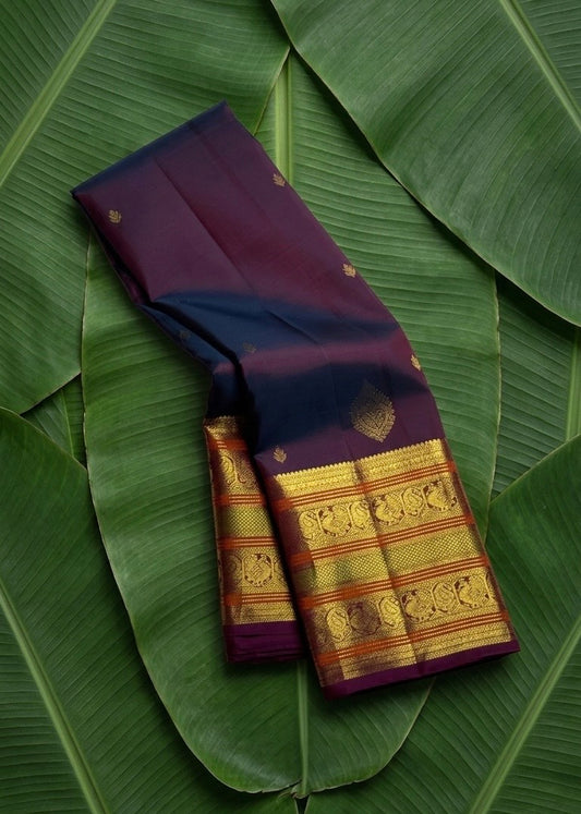 Kanchana magenta double shade handwoven Kanchipuram silk saree with maanga butta and Ganga Jamuna varisaipet border — Idam Living