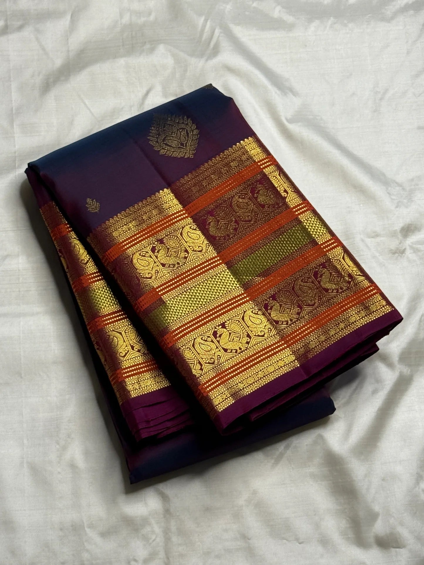 Ganga Jamuna varisaipet border with multi-colour gold zari on magenta double shade Kanchipuram saree — Idam Living