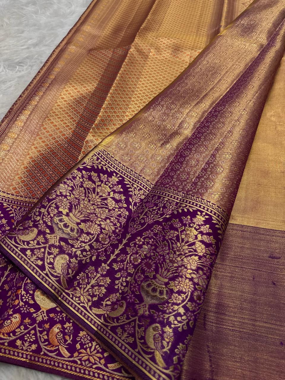 Antique Gold pure mulberry silk Kanchi saree showing tone-intensive all-over fine zari weaving.