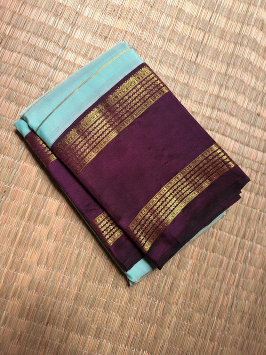 Kanchana Purple twin border detail on Aqua Turquoise Rettapet Kanchipuram saree