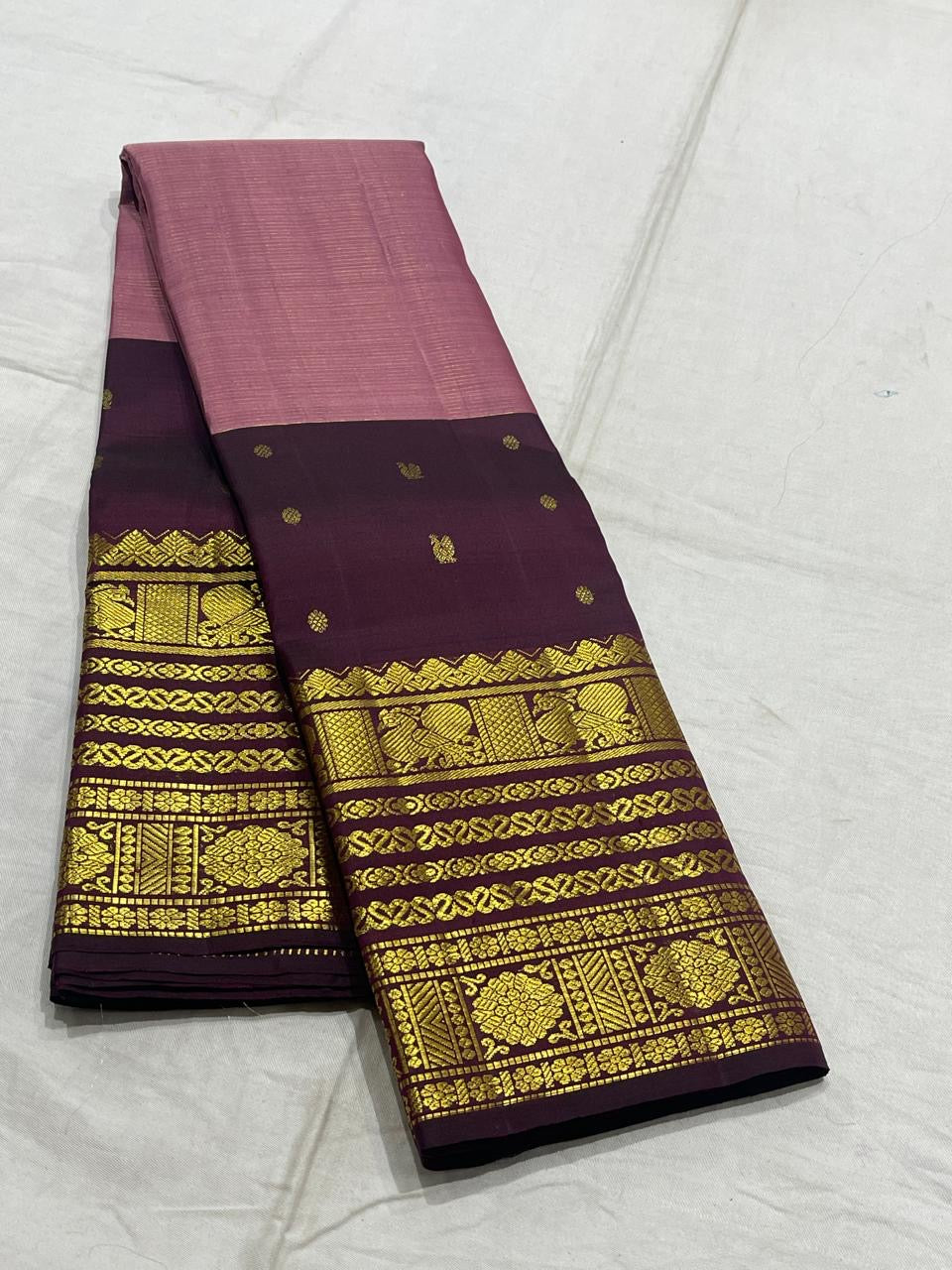 Dusty rose and aubergine handwoven pure silk Kanchipuram Korvai saree — overview of the full saree drape