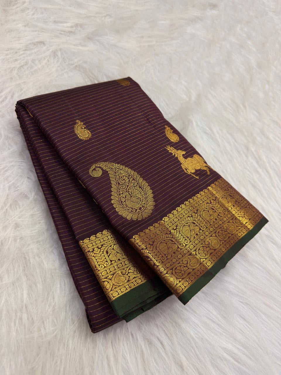 Deep Paaku Brown Handwoven Pure Silk Kanchipuram Vairaoosi Saree with Deer and Maanga Motifs