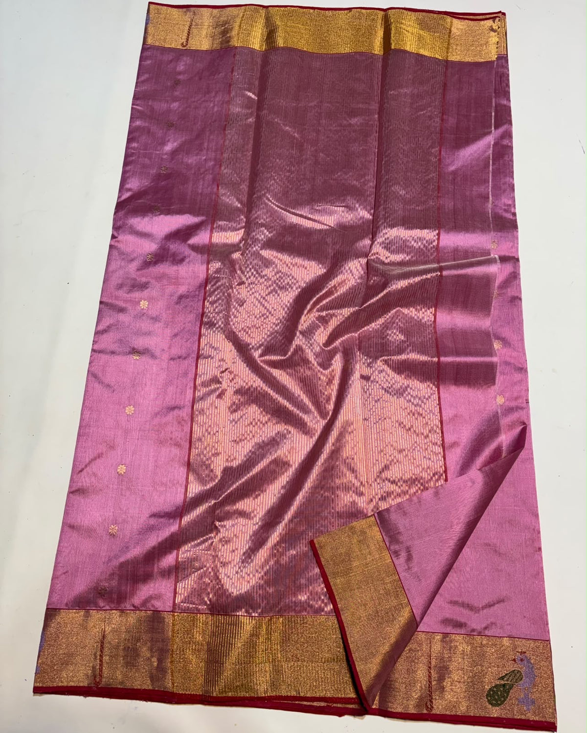 Rose Pink Gold Border Pattu Silk Chanderi saree, draped view