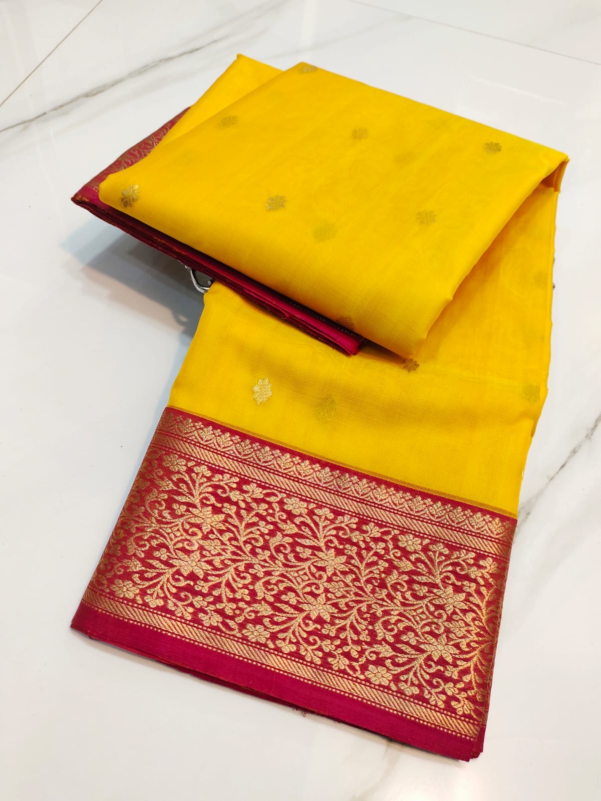 Turmeric Yellow and Red Gold Katan Silk Chanderi handloom saree — pallu detail