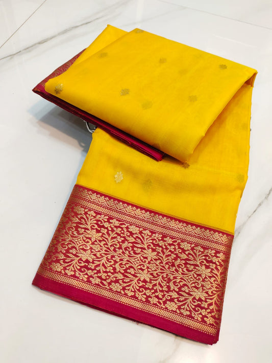 Turmeric Yellow and Red Gold Katan Silk Chanderi handloom saree — pallu detail