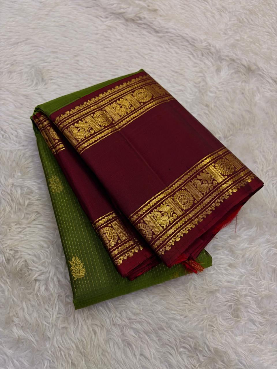 Olive green Kancheepuram silk saree body with veldhari weave and floral butta in gold zari — Idam Living