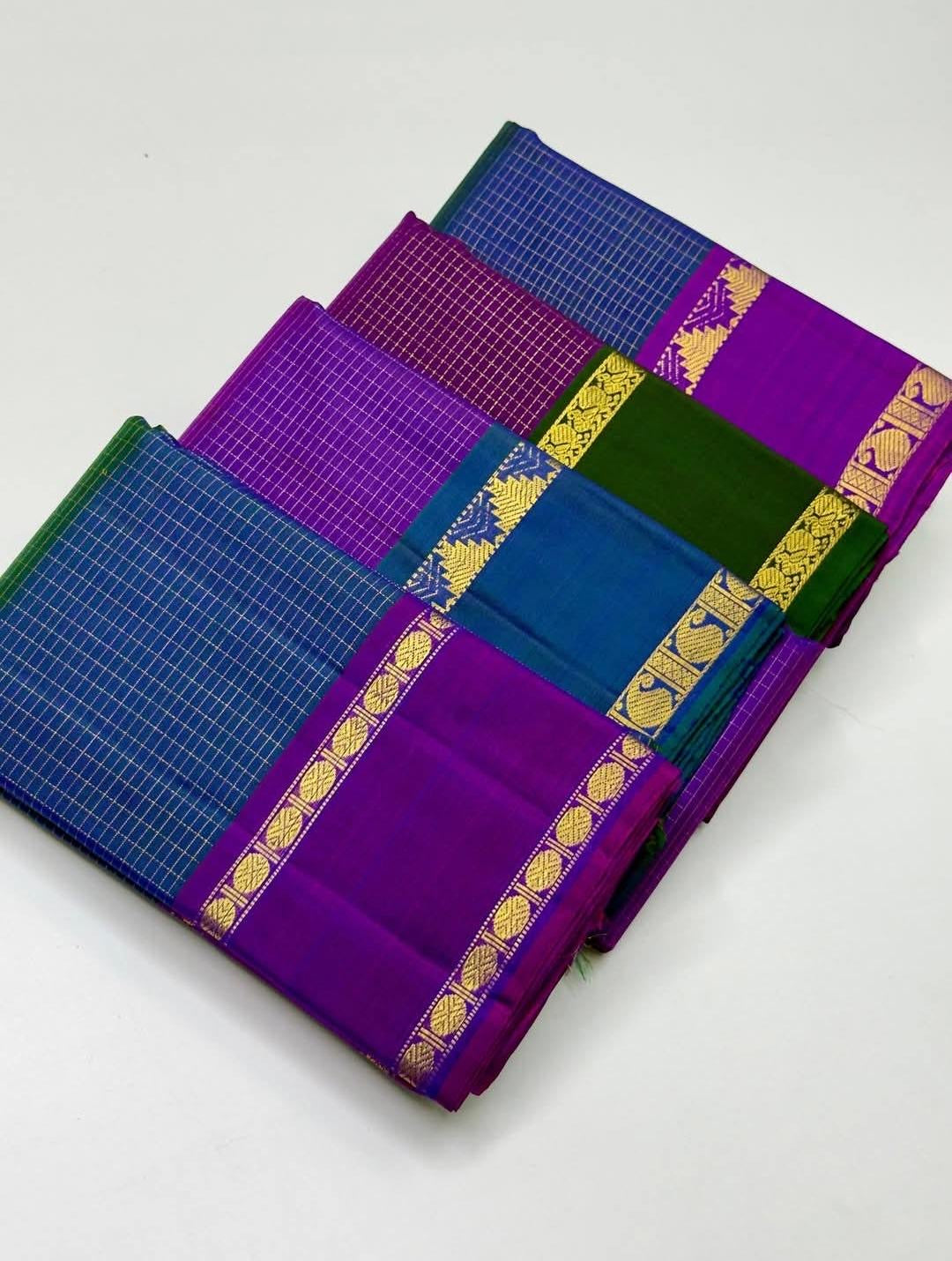 amethyst violet  border detail of peacock blue Kanchipuram silk saree