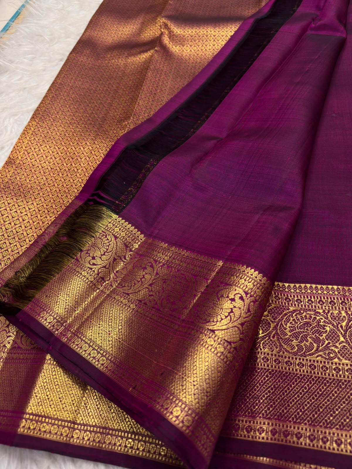 Handwoven Deep Plum Bronze Kanchipuram silk saree, border panel, mayil-kann-inspired border register