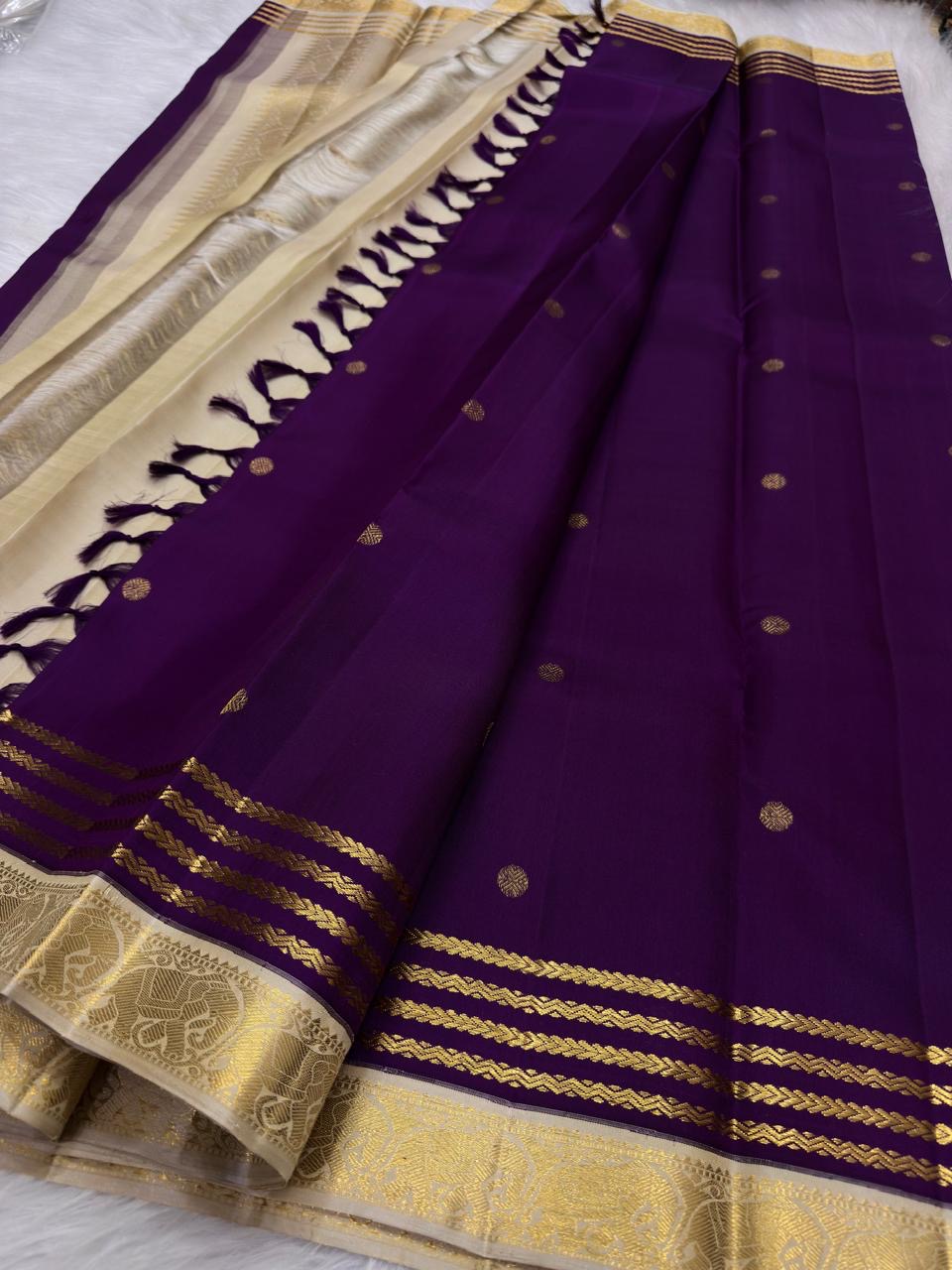 Royal Violet pure silk Kanchipuram Rettapet saree, border view showing the silk and ornamental weave
