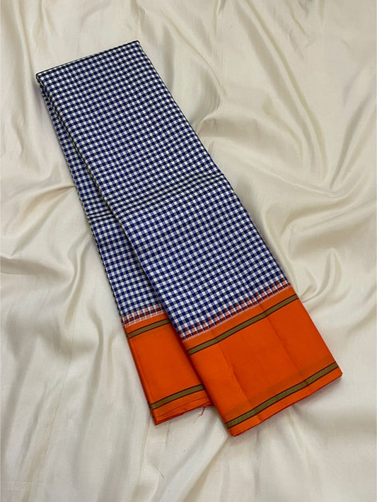 Navy white Kancheepuram silk saree body close-up showing fine navy and white intersecting silk thread checkered grid