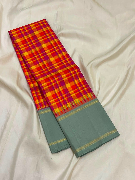 Vibrant Multicolour Handwoven Pure Silk Kanjipuram Saree with Kanchi Kattam Weave