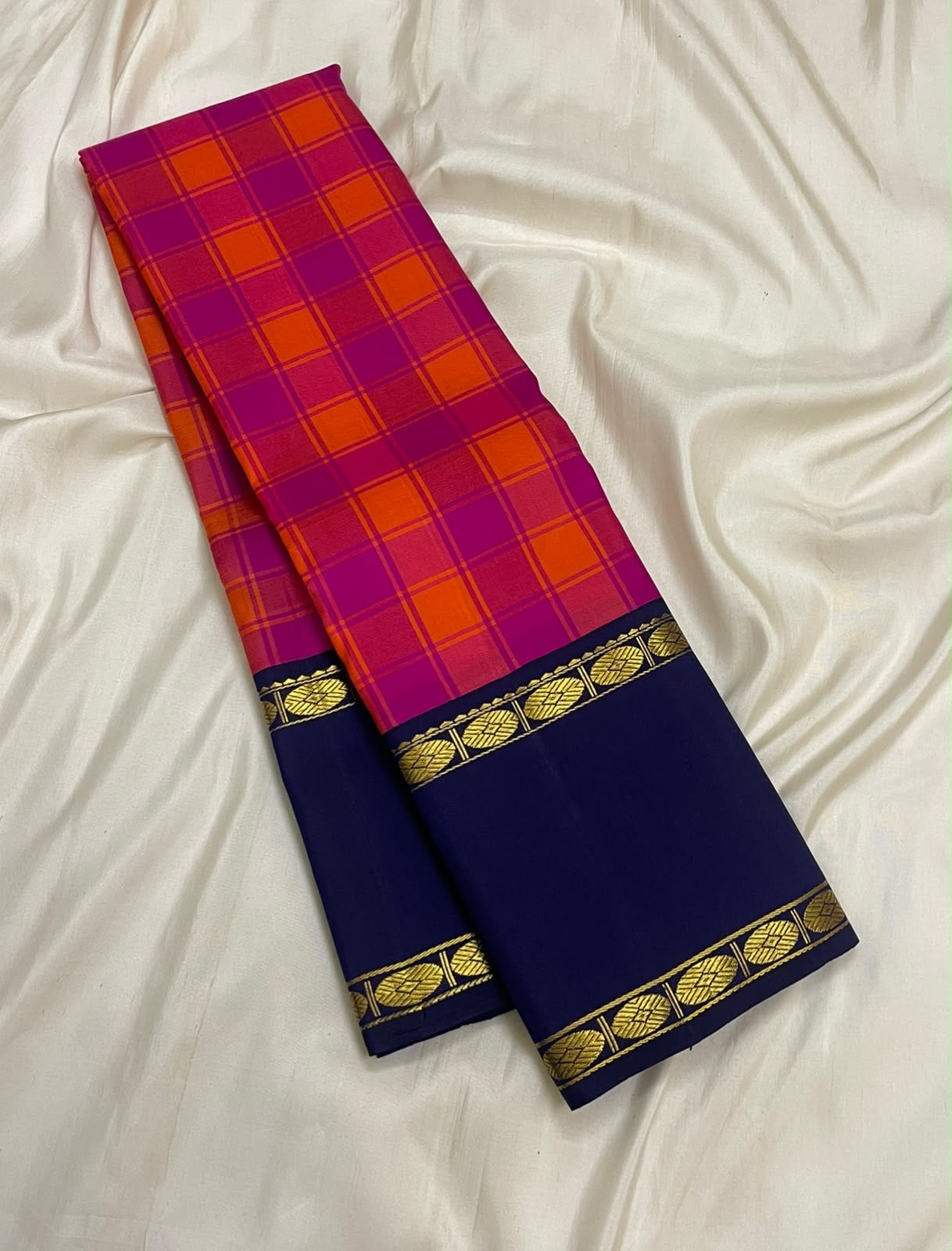 Raspberry Pink and Orange Handwoven Pure Silk Kanjeevaram Saree with Kanchi Kattam and Navy Rettapet Border