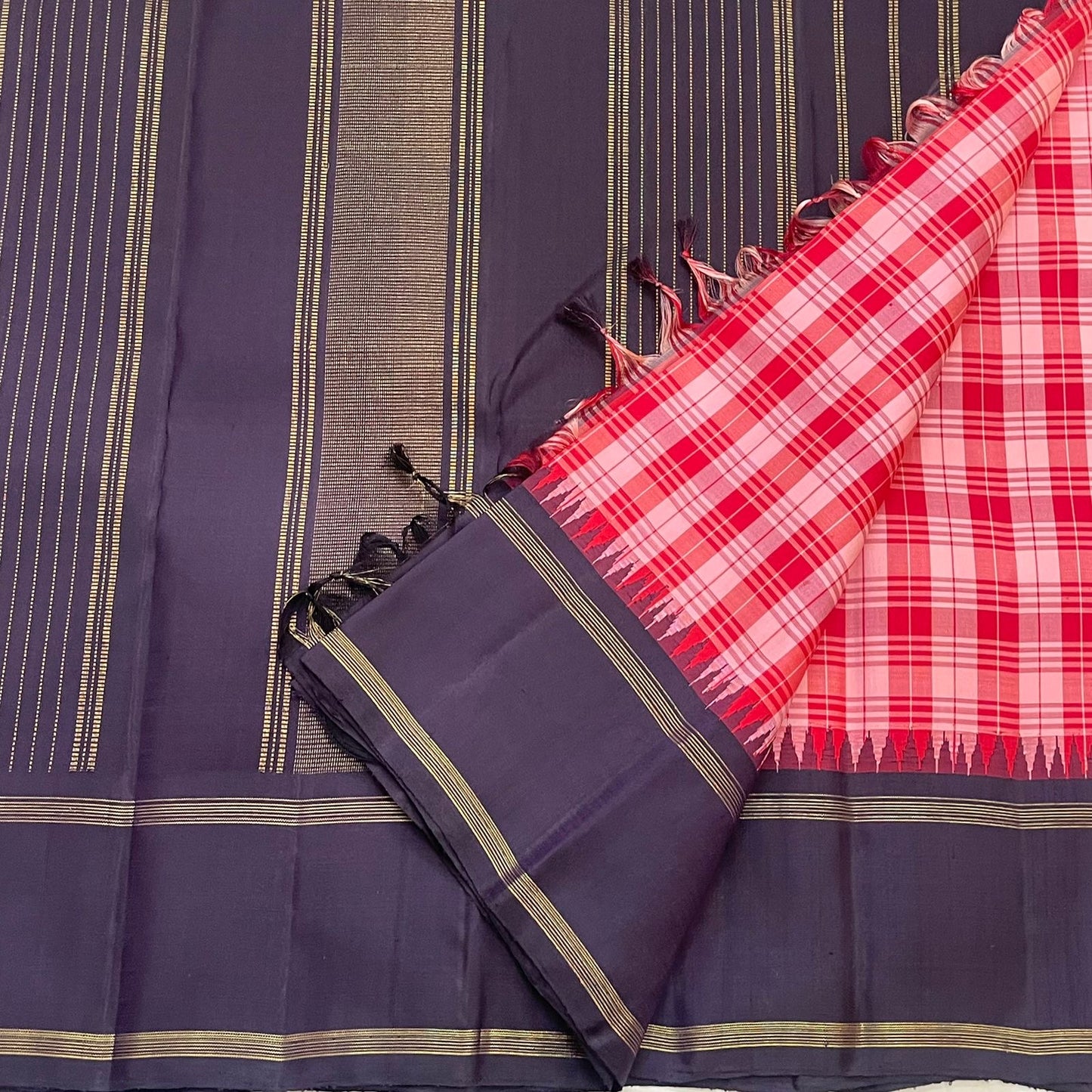 Handwoven pure silk Kanjivaram saree with berry kattam Kanchi Kattam check body and deep navy Rettapet border Silk Mark certified