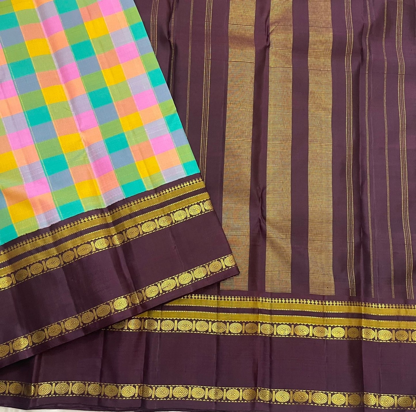Kanchi Pattu paalum pazhamum saree with vibrant multi-colour checks and brownish plum rettapet border — Idam Living
