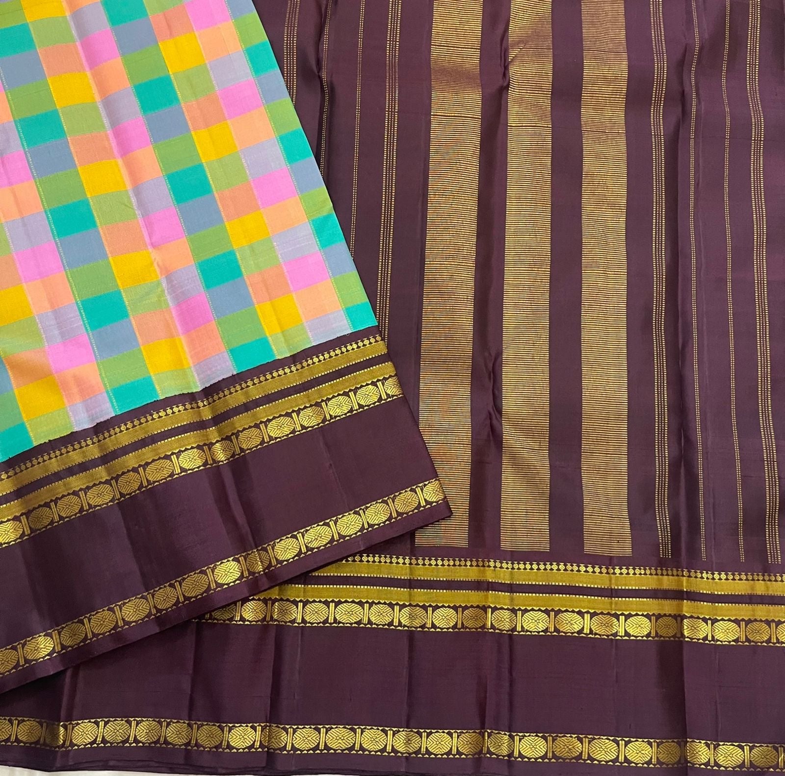 Kanchi Pattu paalum pazhamum saree with vibrant multi-colour checks and brownish plum rettapet border — Idam Living