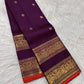 Double gold zari bands and orange selvedge on the deep purple Pure Silk Kanchipuram saree