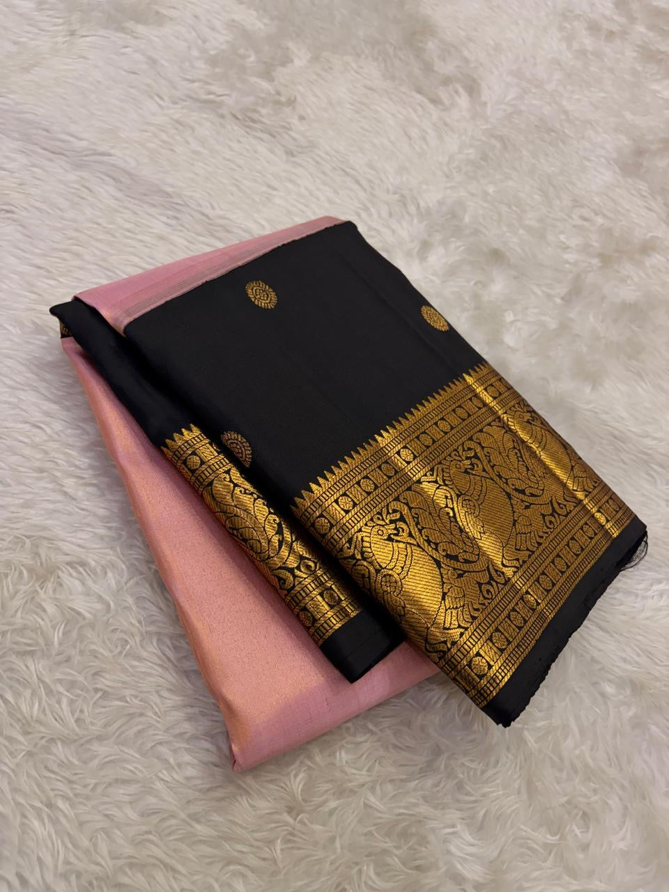 Kanchana purple Kanjeevaram silk saree with korvai weave and soft gold zari border draped view