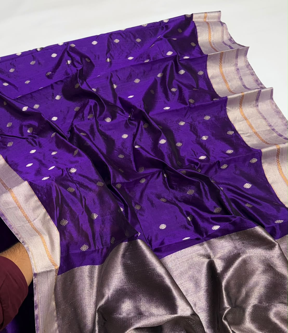 Royal Purple Silver Border Pattu Silk Chanderi saree, full length view