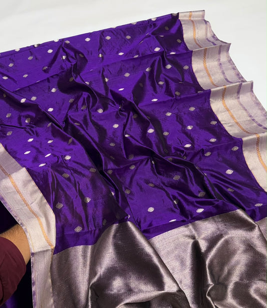 Royal Purple Silver Border Pattu Silk Chanderi saree, full length view