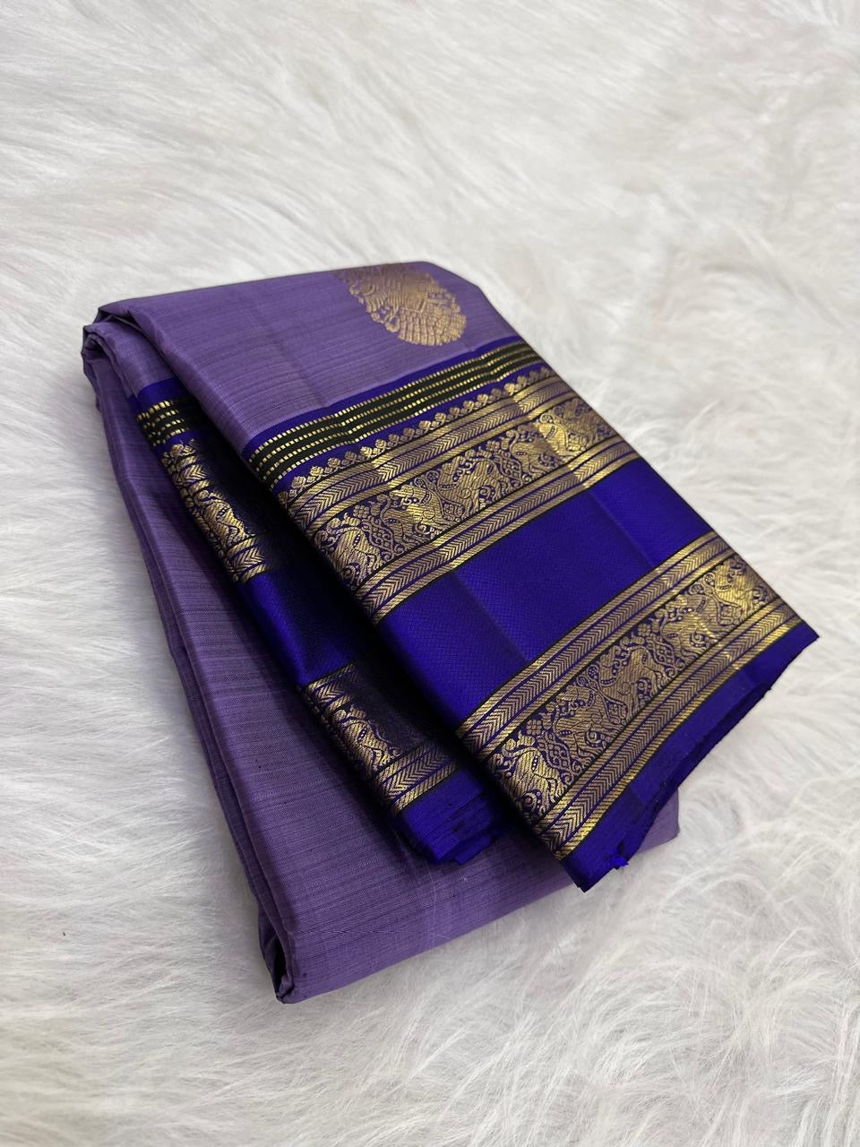 Lilac and blue handwoven pure silk Kanchipuram Rettapet saree — overview of the full saree drape