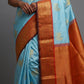 Pichwai cow motif Kanjeevaram silk saree in sky blue with intricate antique gold zari border