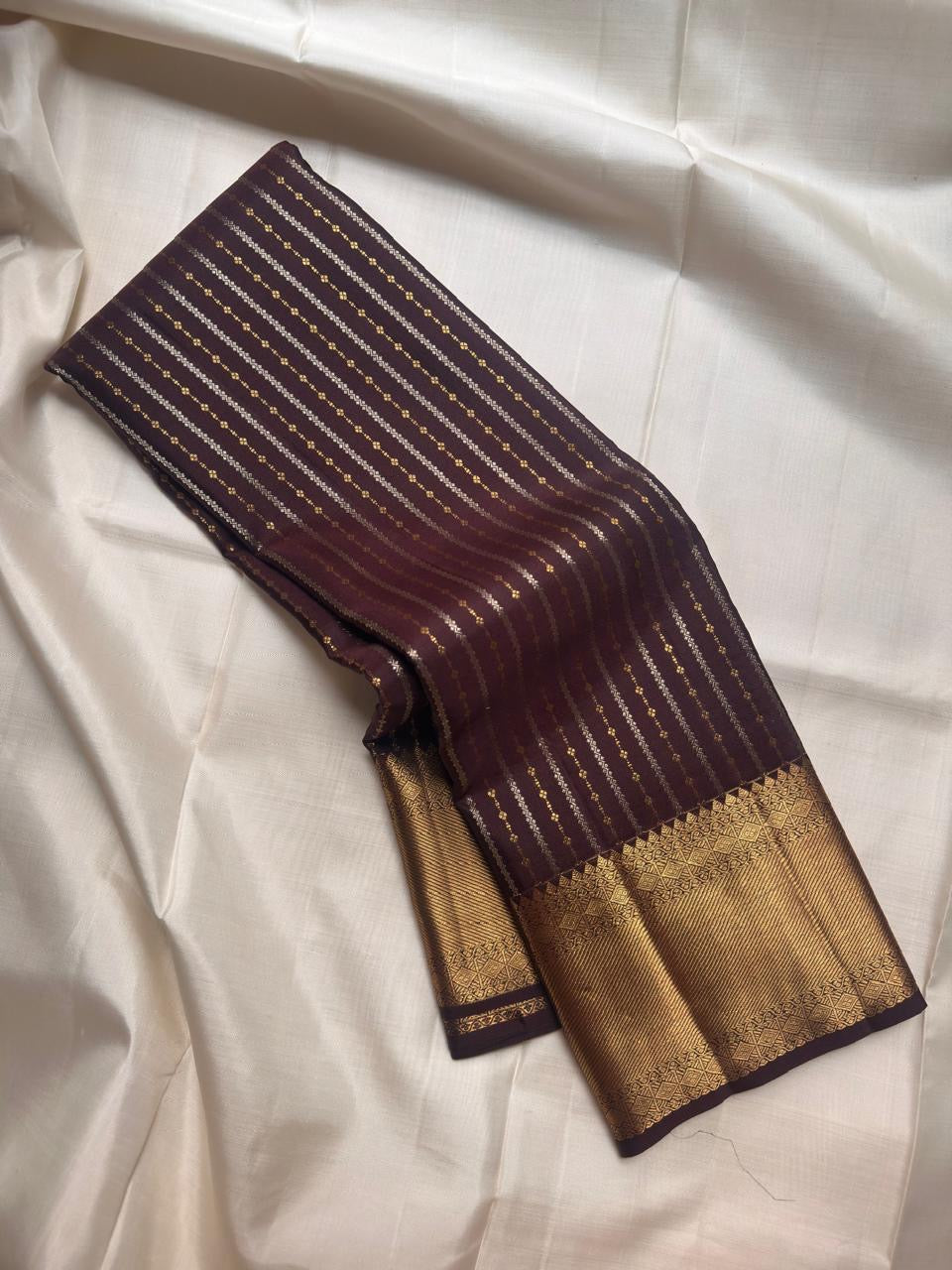 Aubergine handwoven pure silk KanchiPattu Butta saree — full front view — Idam Living
