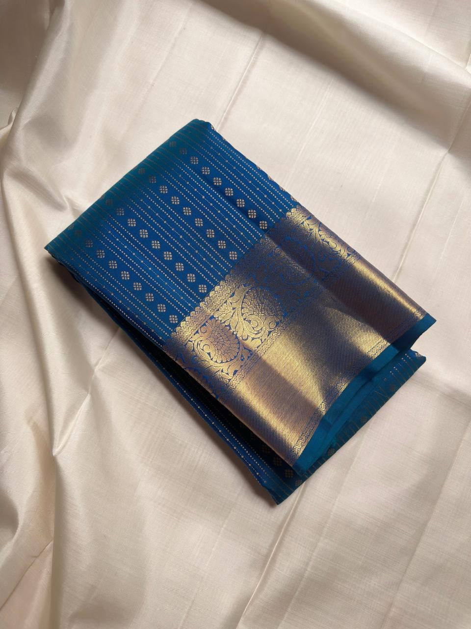 Peacock Blue handwoven pure silk Kanjipuram Butta saree — full front view — Idam Living