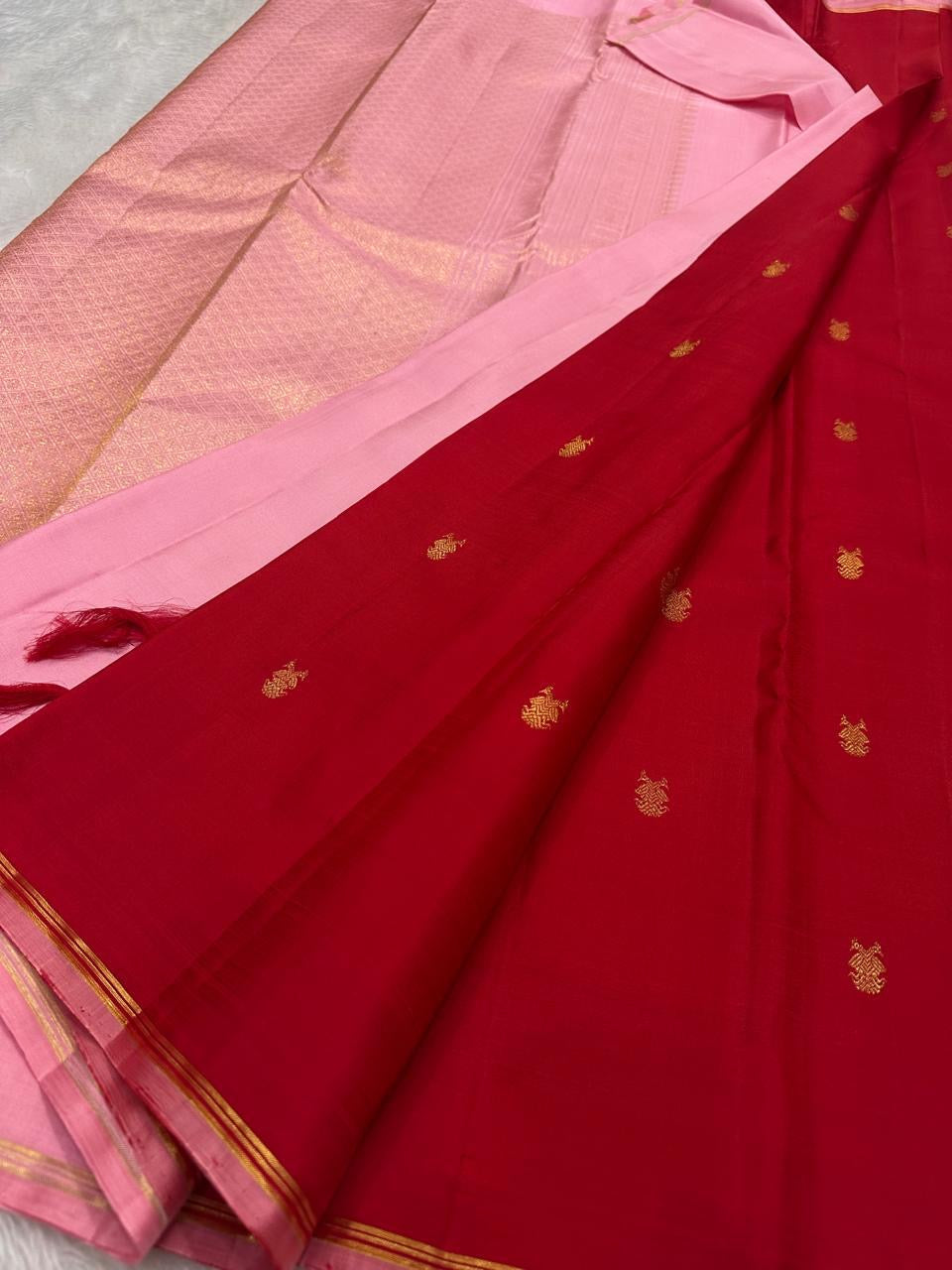 Pillar Box Red handwoven pure silk Kanchi Pattu Butta saree — full front view — Idam Living